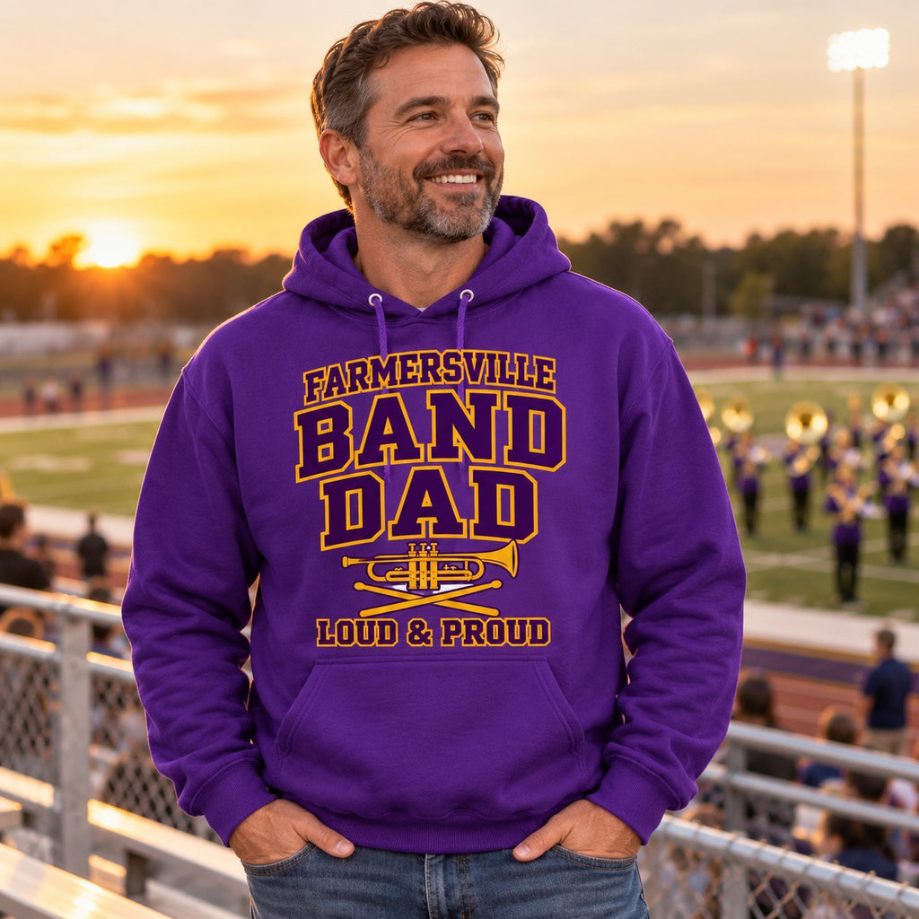 AI lifestyle mockup: dad wearing purple Farmersville Band Dad Gildan hoodie at a marching band performance