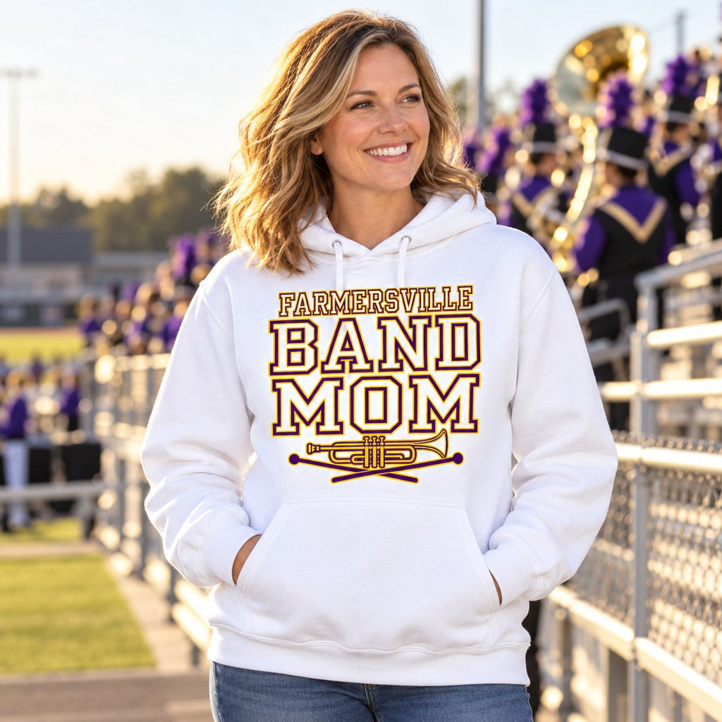 AI lifestyle mockup: Farmersville Band Mom White Hoodie Lifestyle