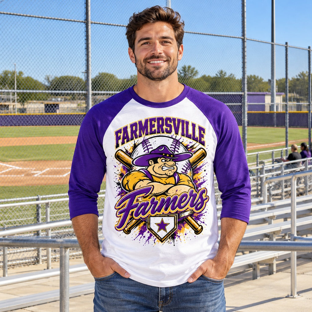 AI lifestyle mockup: Farmersville Farmers Baseball Raglan – Adult, Youth & Toddler