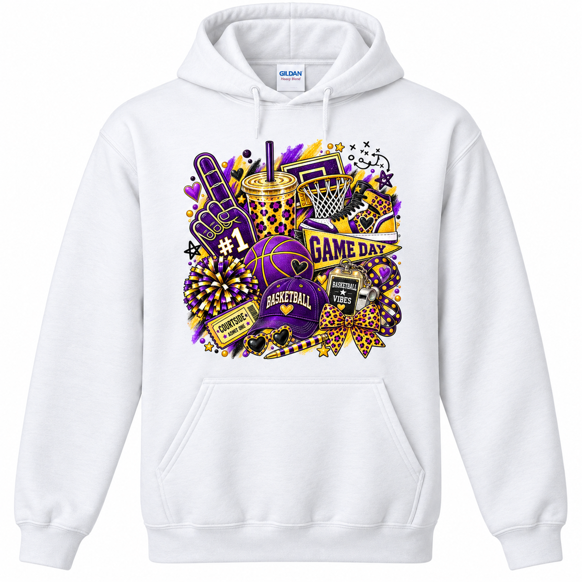 Farmersville purple and gold basketball collage on Gildan 18500 Adult White hoodie 