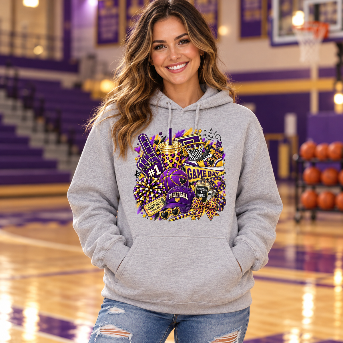 Farmersville purple and gold basketball collage on   adult  hoodie lifestyle illustration