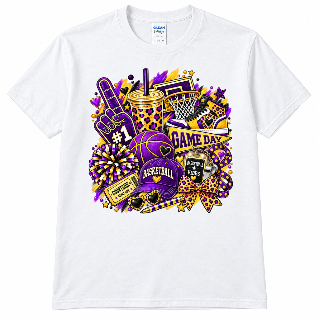 Farmersville purple and gold basketball collage on Gildan 64000 Adult White tee 