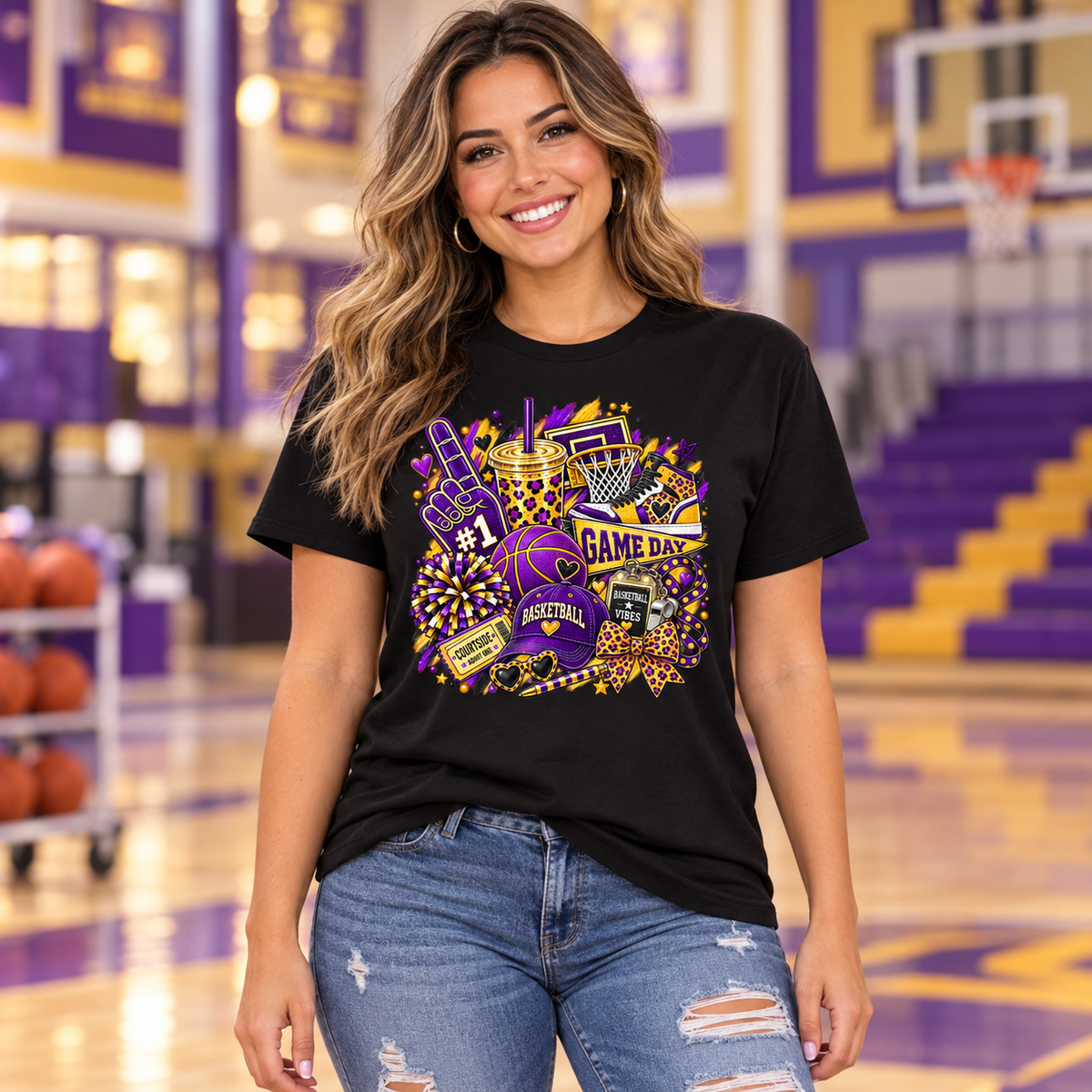 Farmersville purple and gold basketball collage on   adult  tee lifestyle illustration