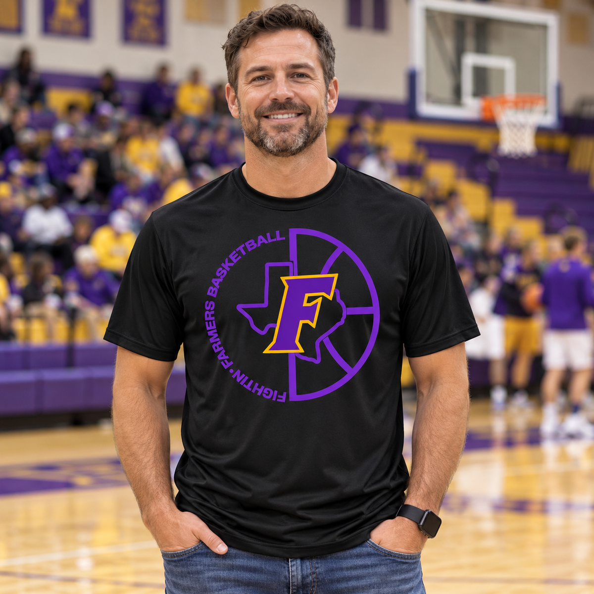 AI lifestyle mockup: Farmersville basketball Fightin Farmers Sport-Tek black short-sleeve shirt worn courtside in a purple-and-gold basketball gym
