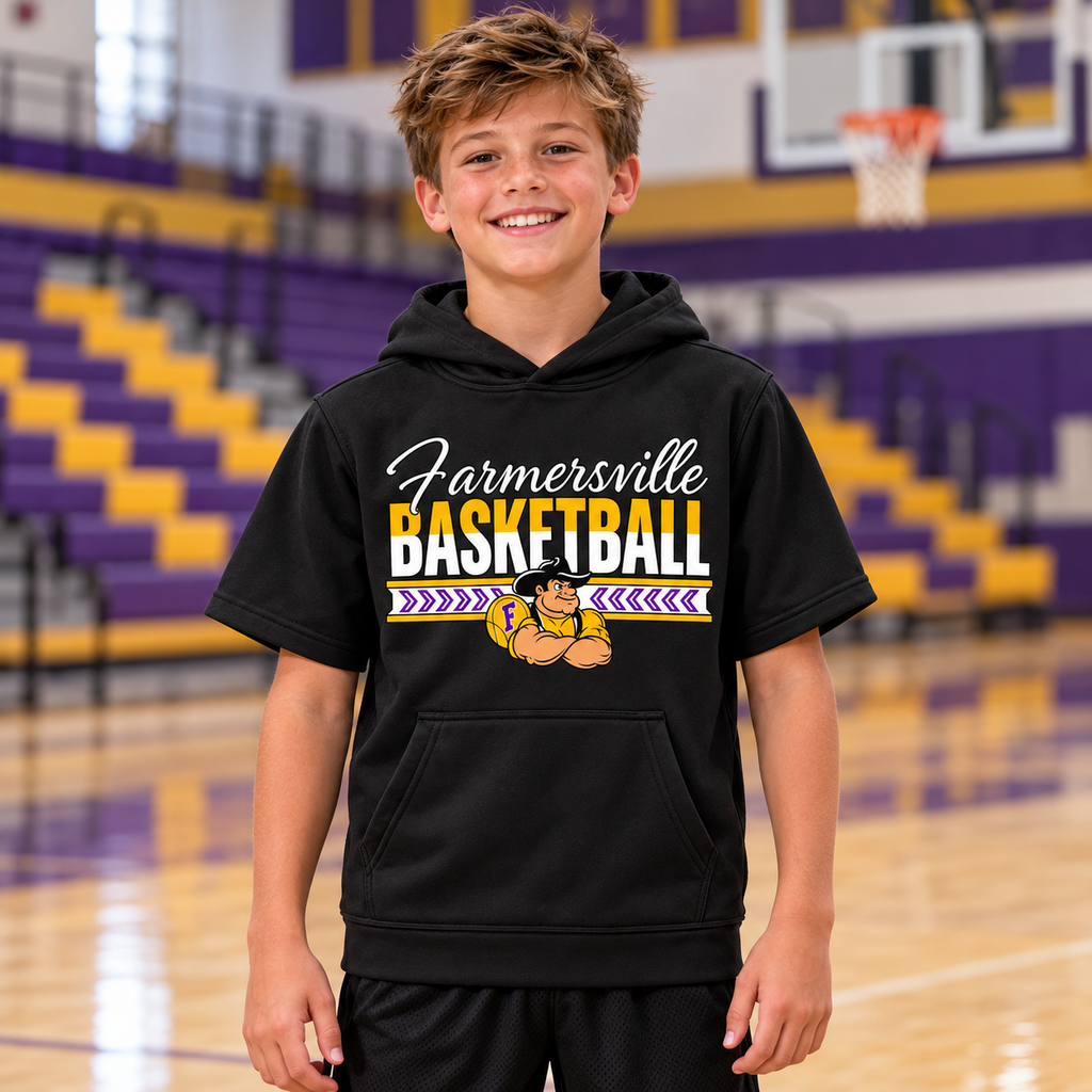AI lifestyle mockup: Farmersville basketball youth A4 NB4281 black short-sleeve hoodie worn courtside in a purple-and-gold basketball gym