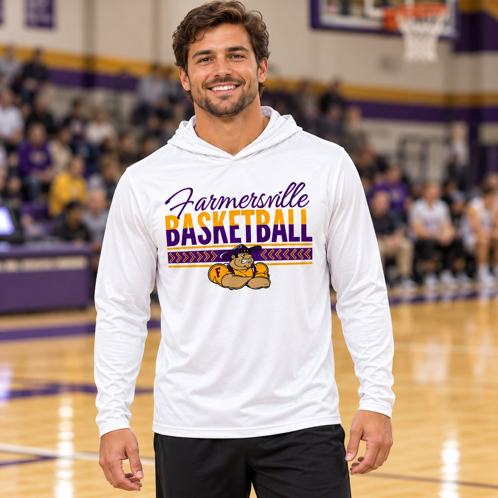 AI lifestyle mockup: Farmersville Basketball White Performance Hooded Shirt Lifestyle