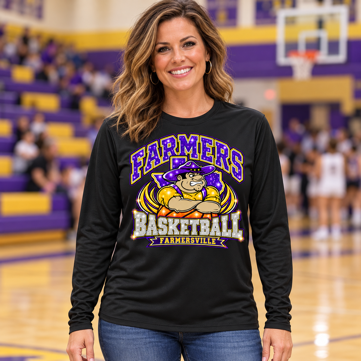 AI lifestyle mockup: Farmersville basketball Farmer Joe faux-sequin Sport-Tek black long-sleeve shirt worn courtside in a purple-and-gold basketball gym