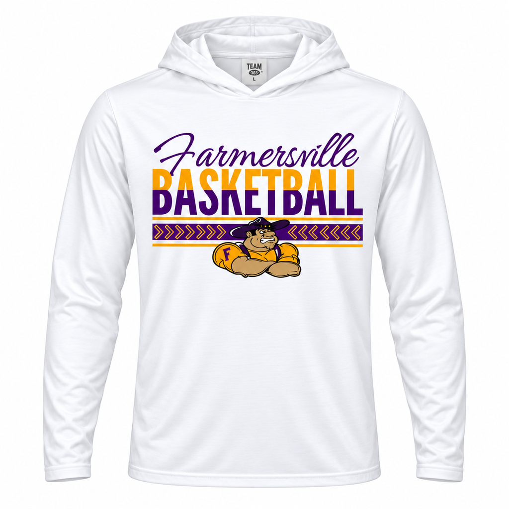 Farmersville Basketball team365 adult White performance hooded shirt approved front mockup