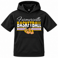 Farmersville Farmers basketball youth A4 NB4281 black short sleeve fleece hoodie with gold and white lettering and Farmer Joe