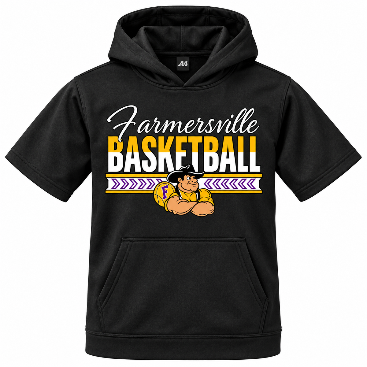 Farmersville Farmers basketball youth A4 NB4281 black short sleeve fleece hoodie with gold and white lettering and Farmer Joe