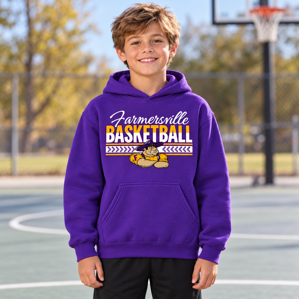 Farmersville Chevron Banner White Script Youth Gildan18500B Purple lifestyle APPROVED