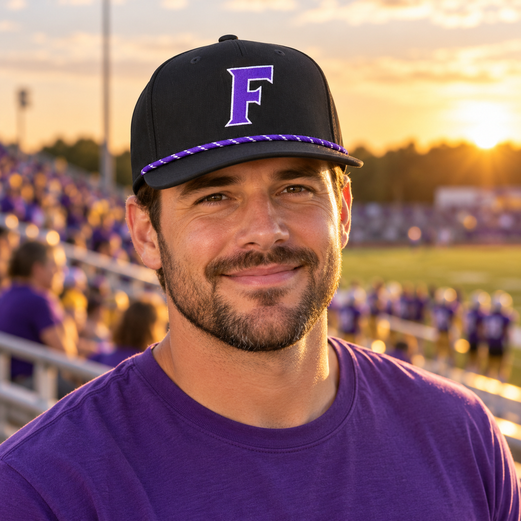 Adult fan wearing the Farmersville Luna F Purple Rope cap at a purple-and-gold game-day stadium — lifestyle mockup