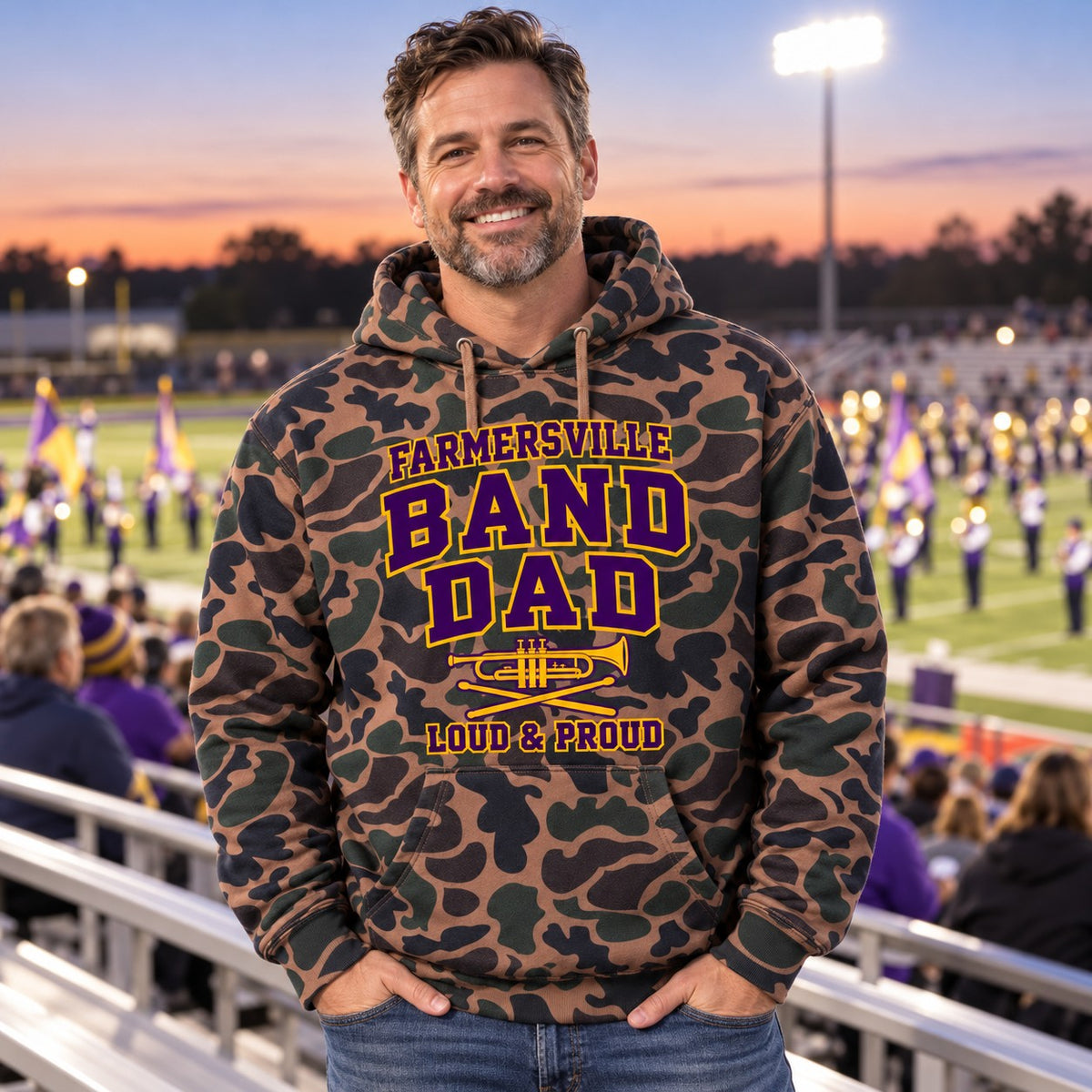 AI lifestyle mockup: Farmersville Band Dad Duck Camo Lifestyle