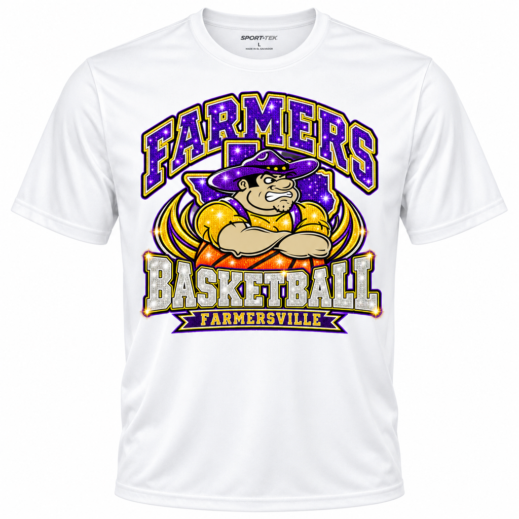 Farmersville Farmer Joe faux sequin basketball Sport-Tek ST350 white short-sleeve shirt