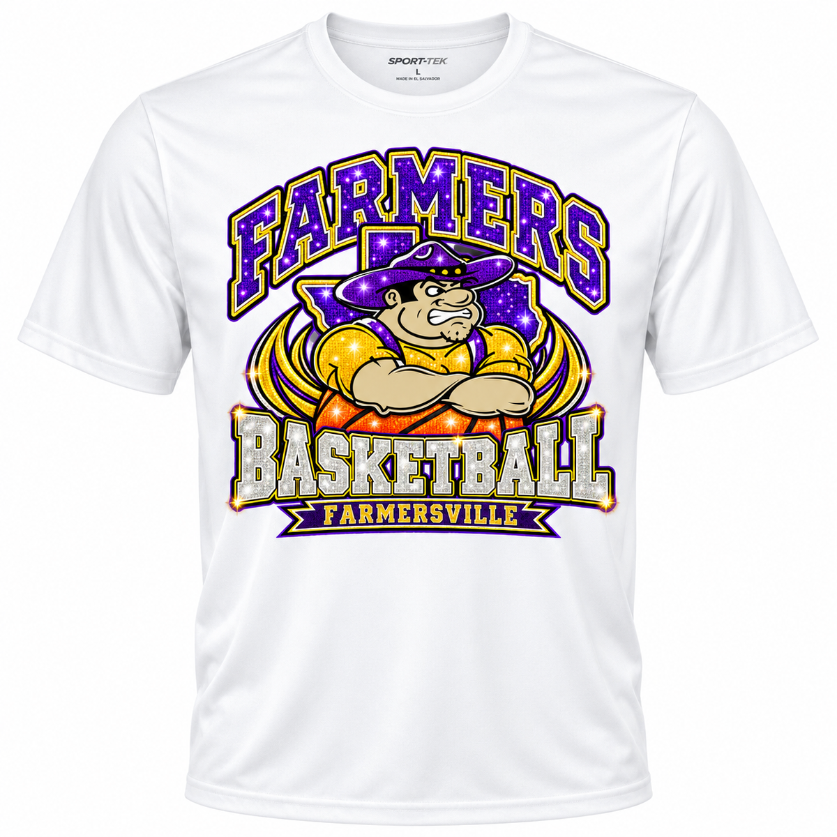 Farmersville Farmer Joe faux sequin basketball Sport-Tek ST350 white short-sleeve shirt