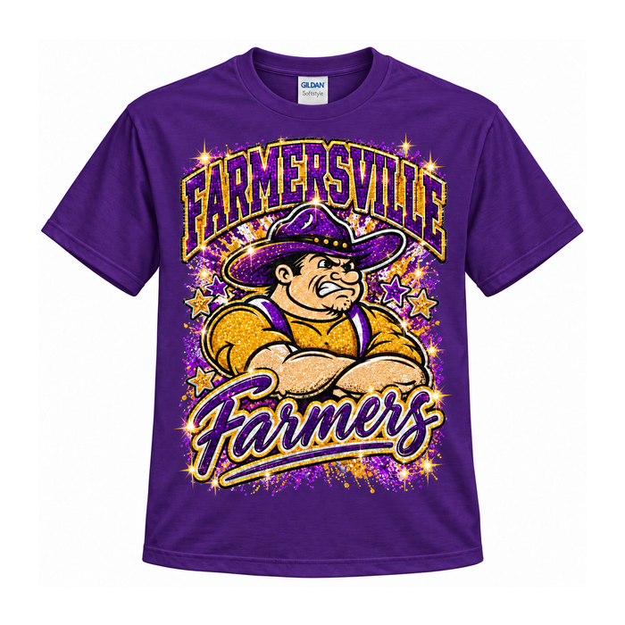 Farmersville Farmers Glitter Mascot Tee – Purple & Gold Spirit Shirt
