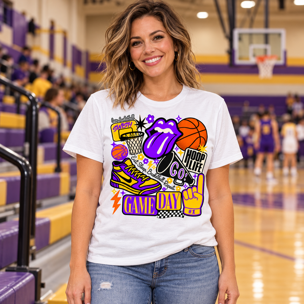 Illustrative AI lifestyle mockup of an adult wearing the White Hoop Life basketball tee in a school gym