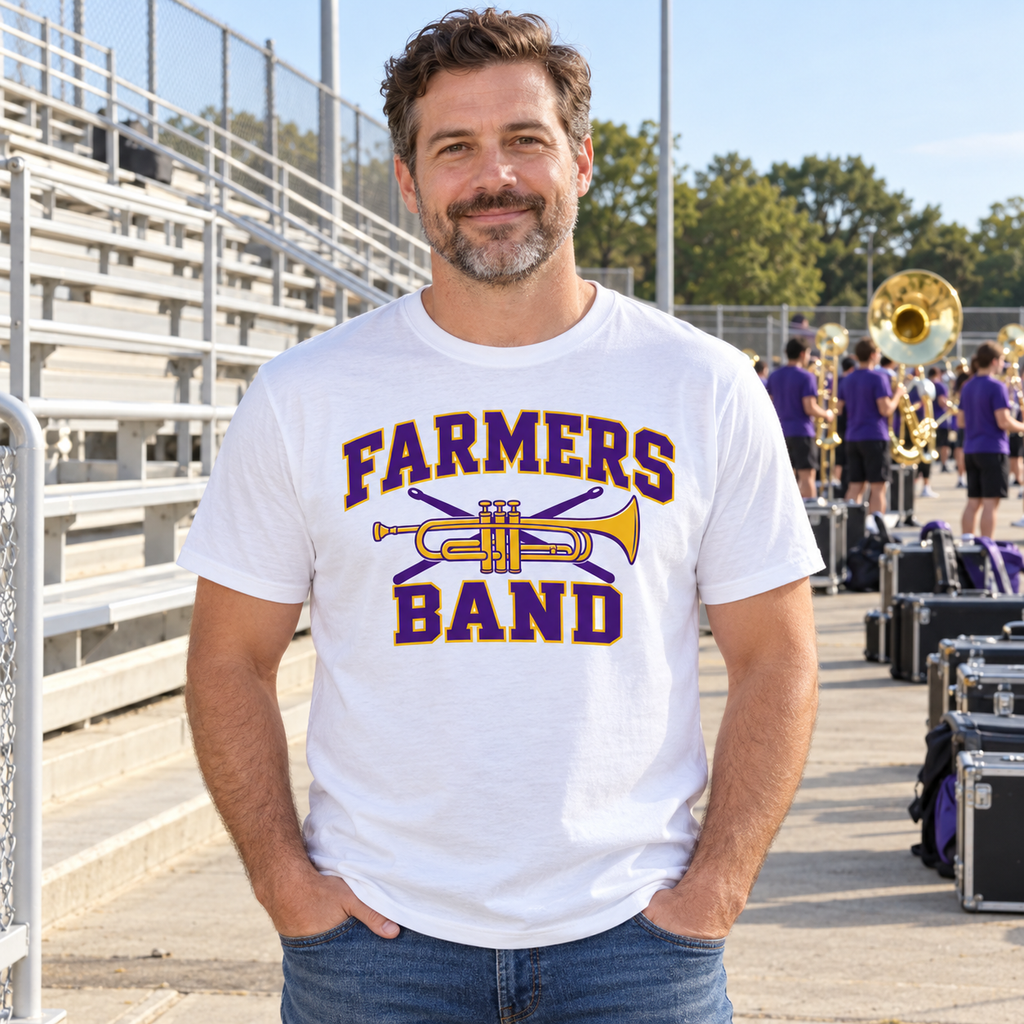AI lifestyle mockup: Farmersville band white tee worn by a fictional adult fan
