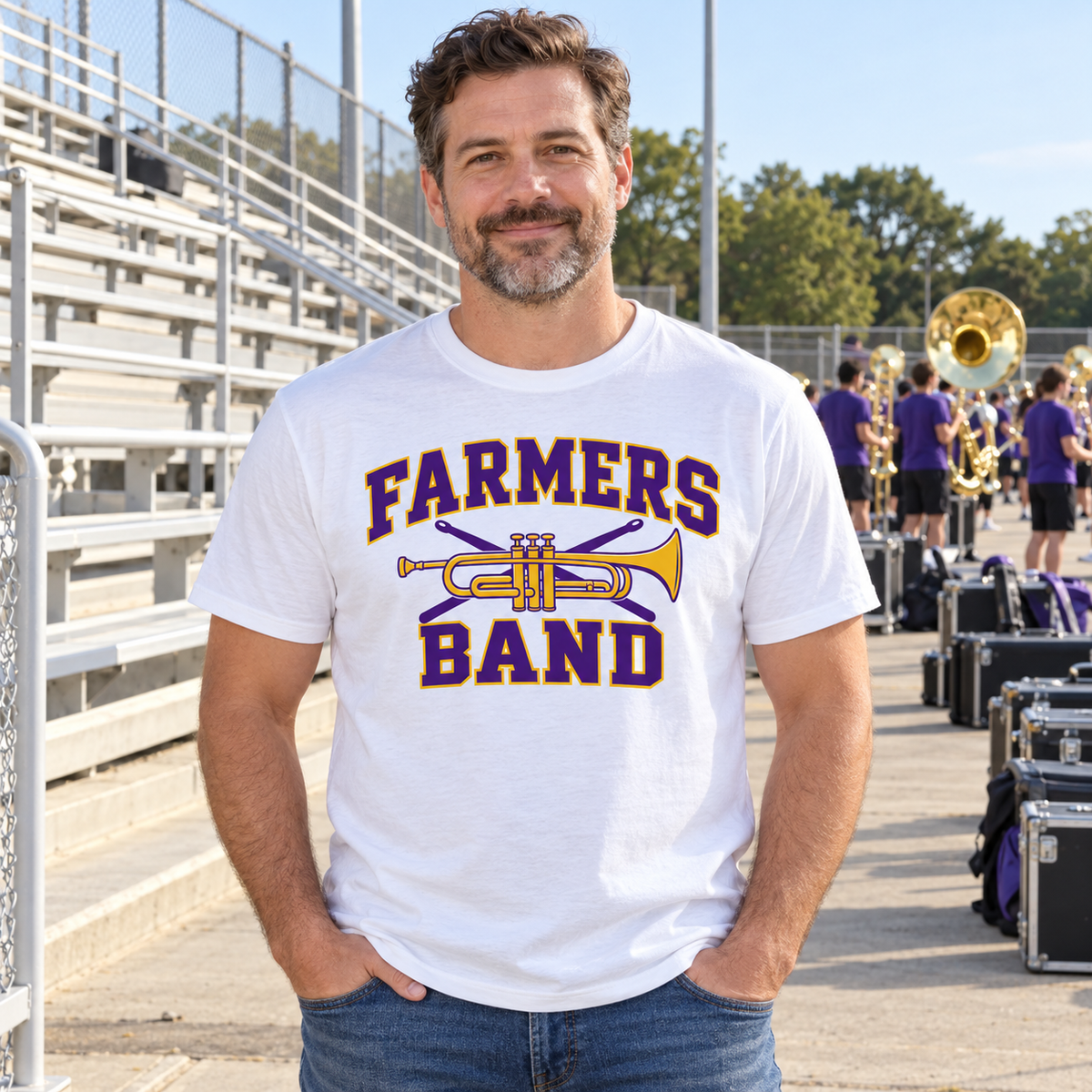 AI lifestyle mockup: Farmersville band white tee worn by a fictional adult fan