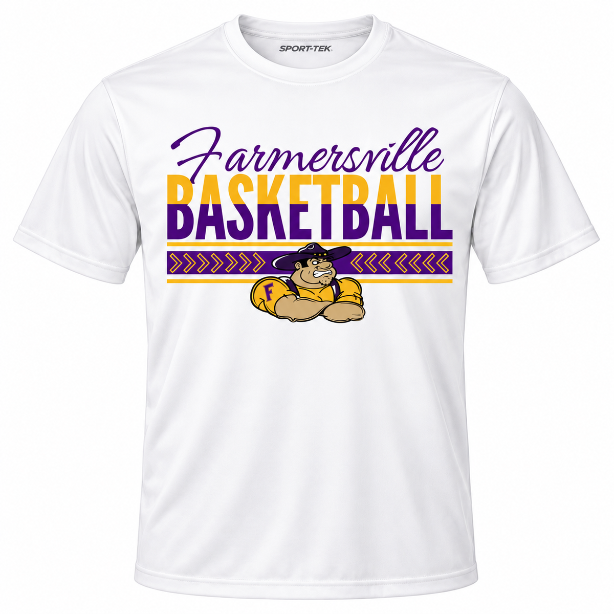 Farmersville Basketball Chevron Banner Purple Script - Adult Sport-Tek ST350 White studio - APPROVED
