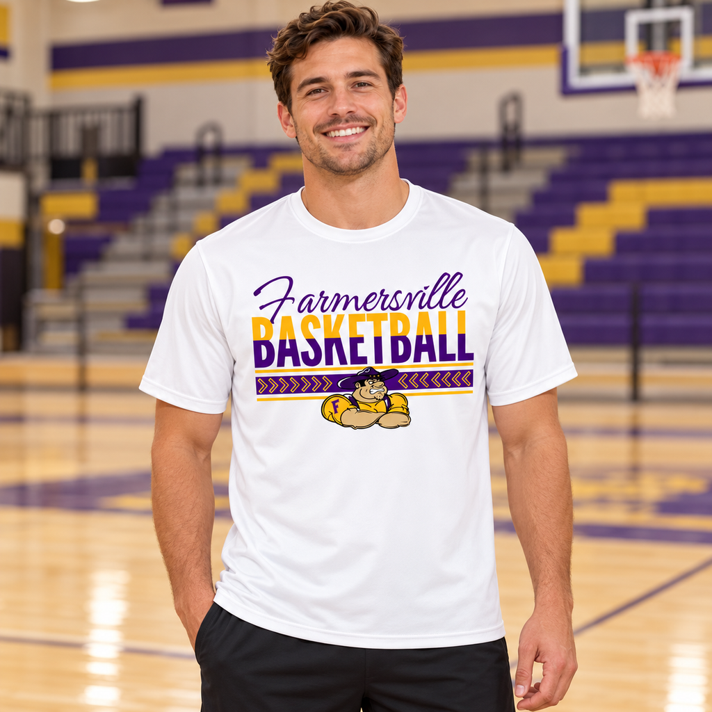 Farmersville Basketball Chevron Banner Purple Script - Adult Sport-Tek ST350 White lifestyle - APPROVED
