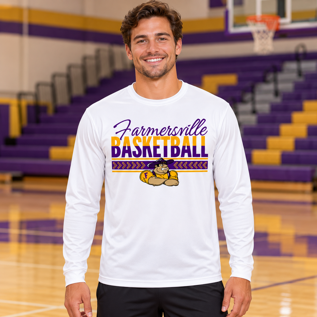Farmersville Basketball Chevron Banner Purple Script - Adult Sport-Tek ST350LS White lifestyle - APPROVED