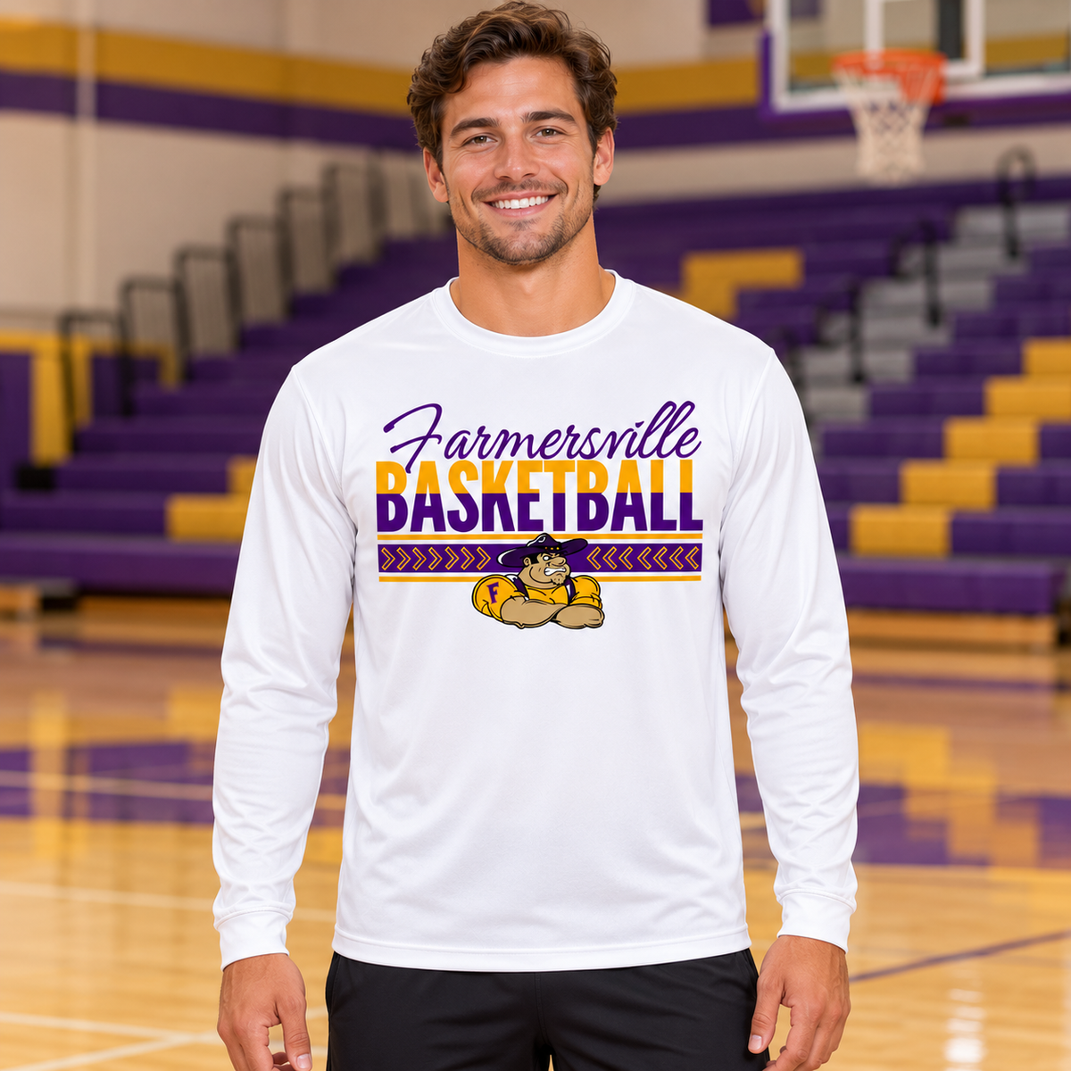 Farmersville Basketball Chevron Banner Purple Script - Adult Sport-Tek ST350LS White lifestyle - APPROVED