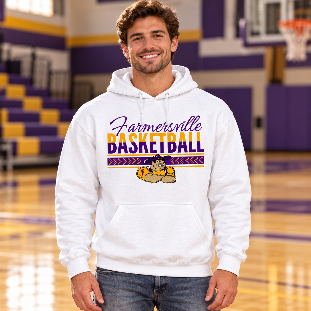 Farmersville Chevron Banner Purple Script Gildan 18500 Adult White lifestyle illustration approved
