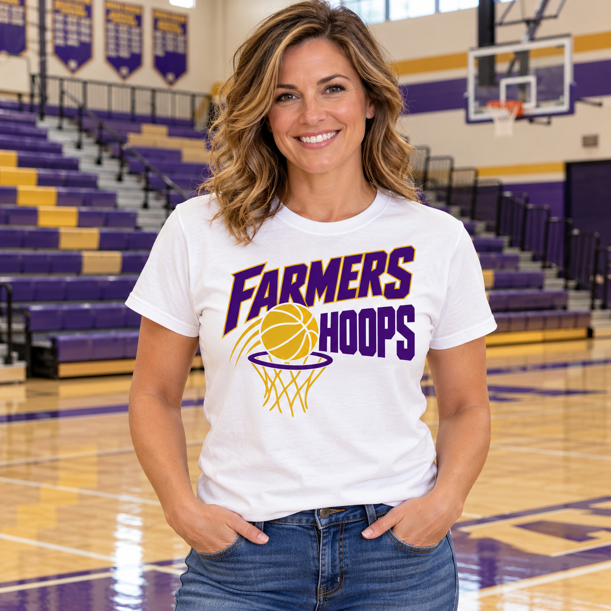 AI lifestyle mockup: Farmersville basketball-hoops white tee worn by a fictional adult fan