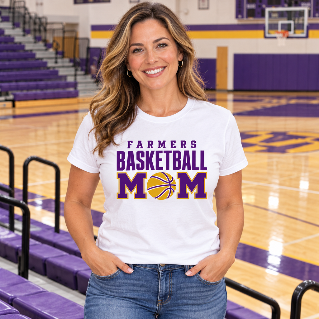 AI lifestyle mockup: Farmersville basketball-mom white tee worn by a fictional adult fan