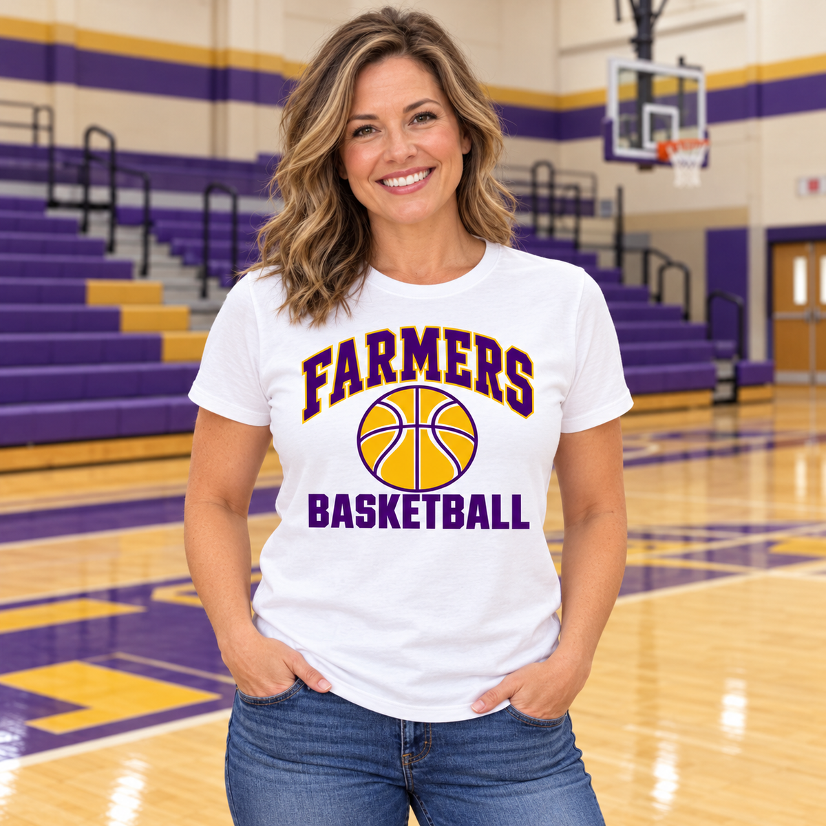 AI lifestyle mockup: Farmersville basketball-varsity white tee worn by a fictional adult fan