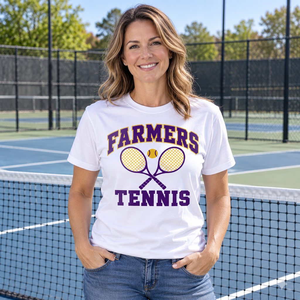 AI lifestyle mockup: Farmersville tennis white tee worn by a fictional adult fan