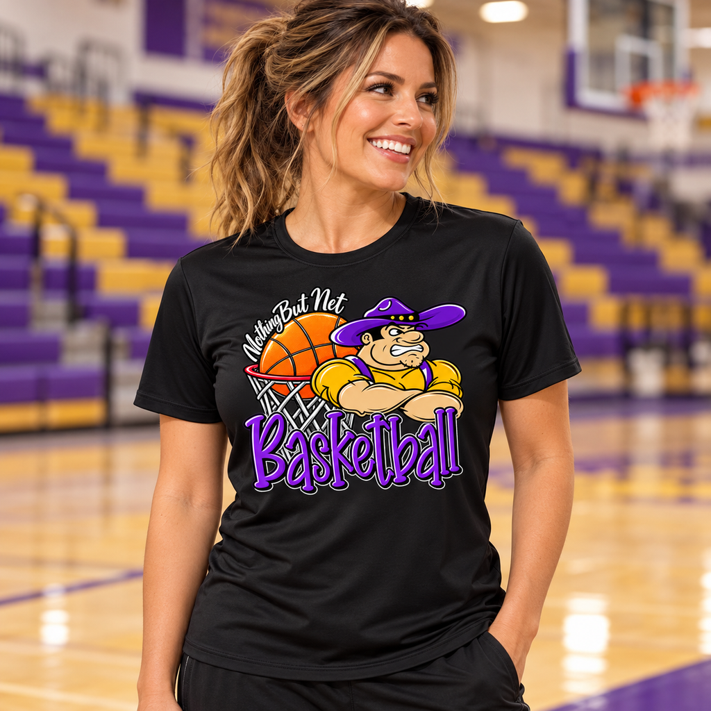 Illustrative basketball gym lifestyle photo wearing Farmersville Nothing But Net Black Sport-Tek ST350 tee