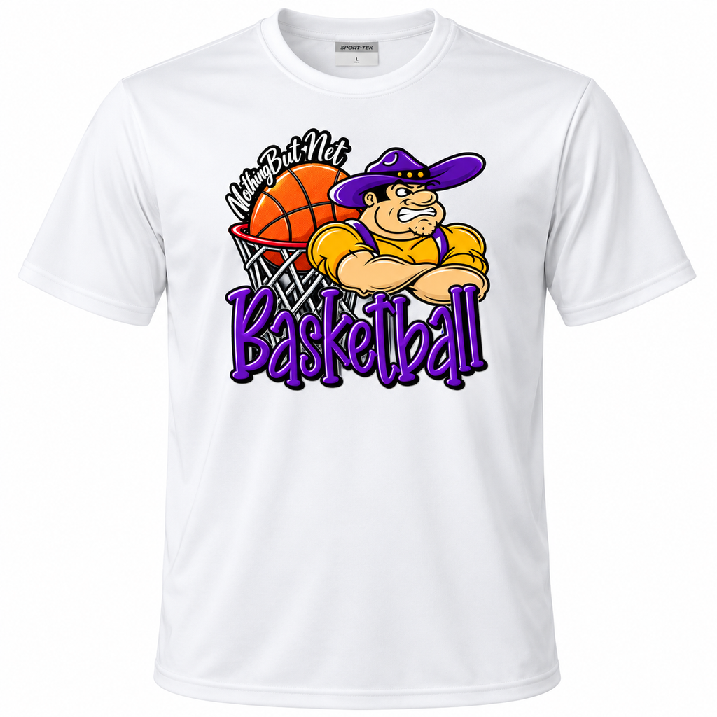 Farmersville Nothing But Net basketball artwork on White Sport-Tek ST350 short sleeve performance shirt