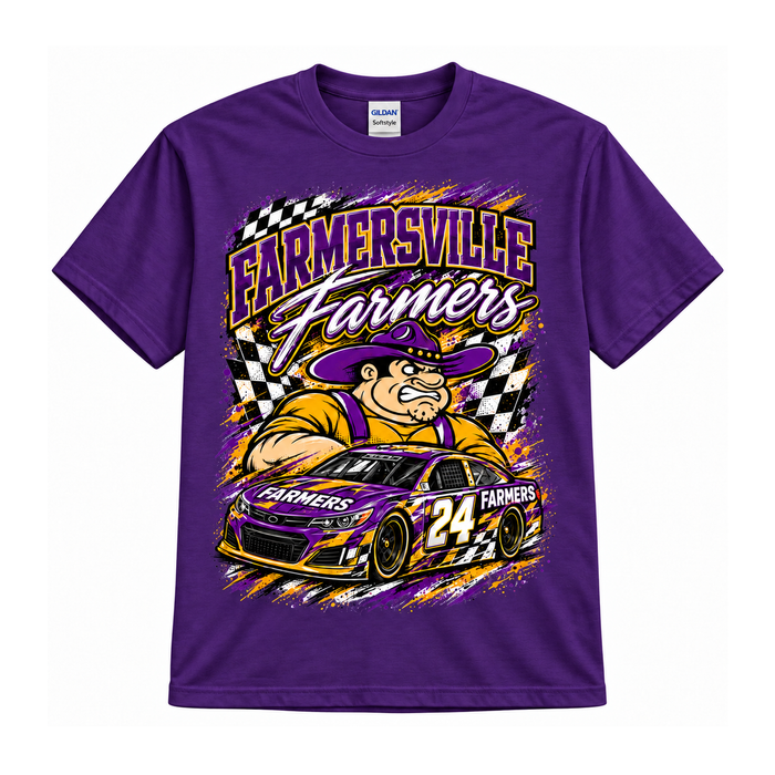 Farmersville Farmers Racing Tee – Purple & Gold Spirit Shirt