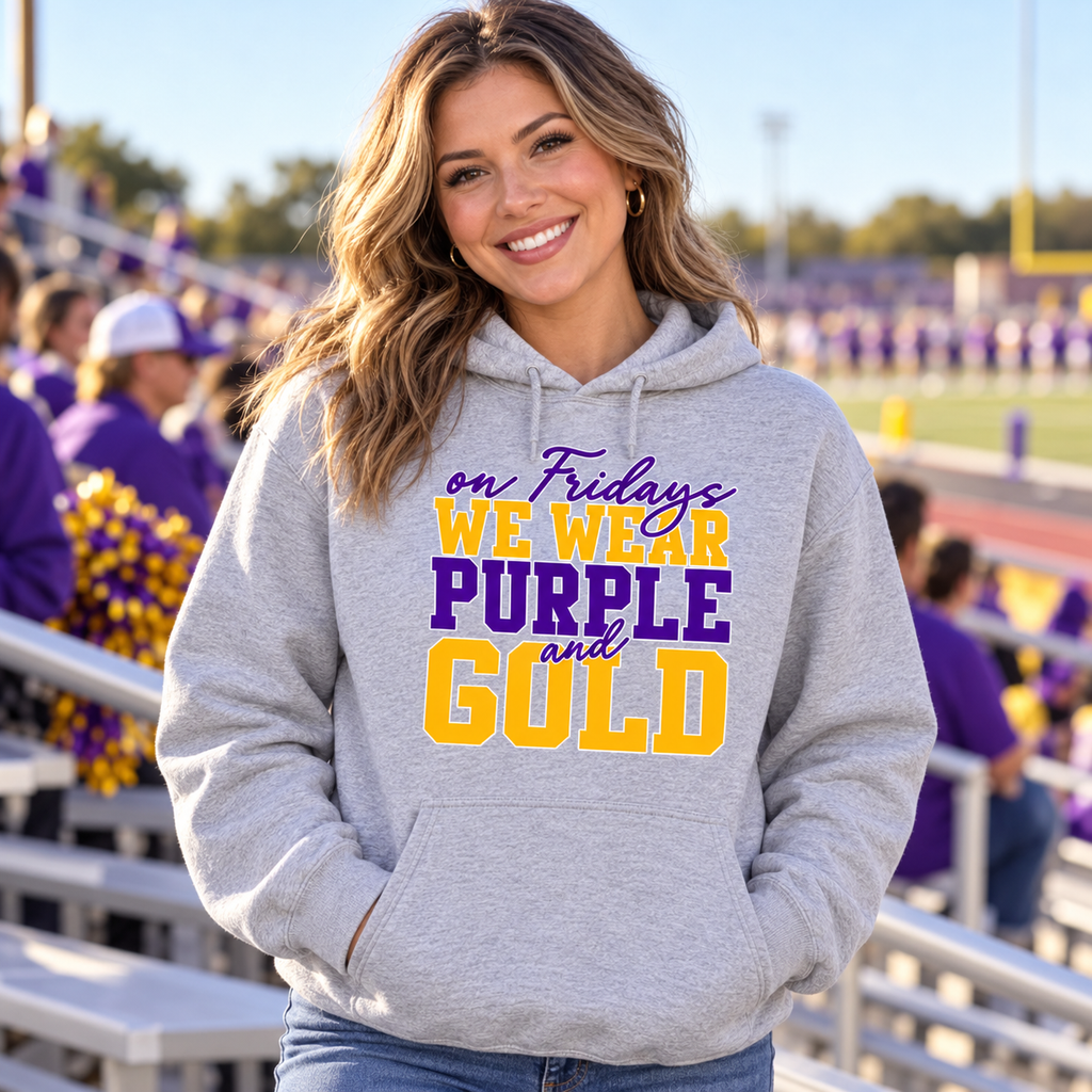 Farmersville friday purple gold hoodie lifestyle