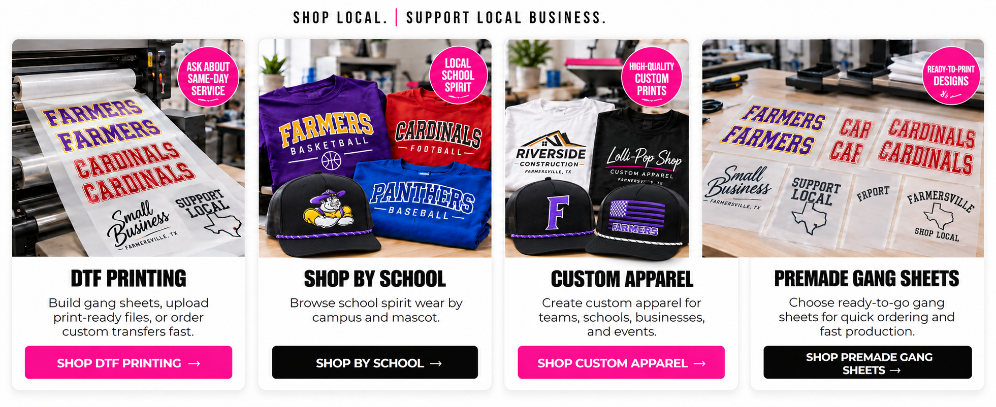 DTF printing with school and local-business transfers; ask about same-day service — AI concept