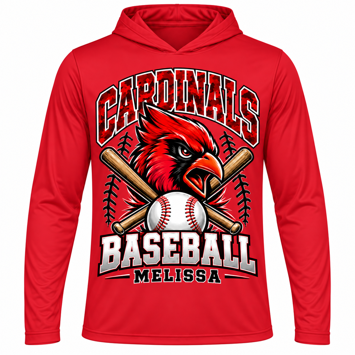 melissa team365 sportred adult approved baseball performance hooded shirt front mockup