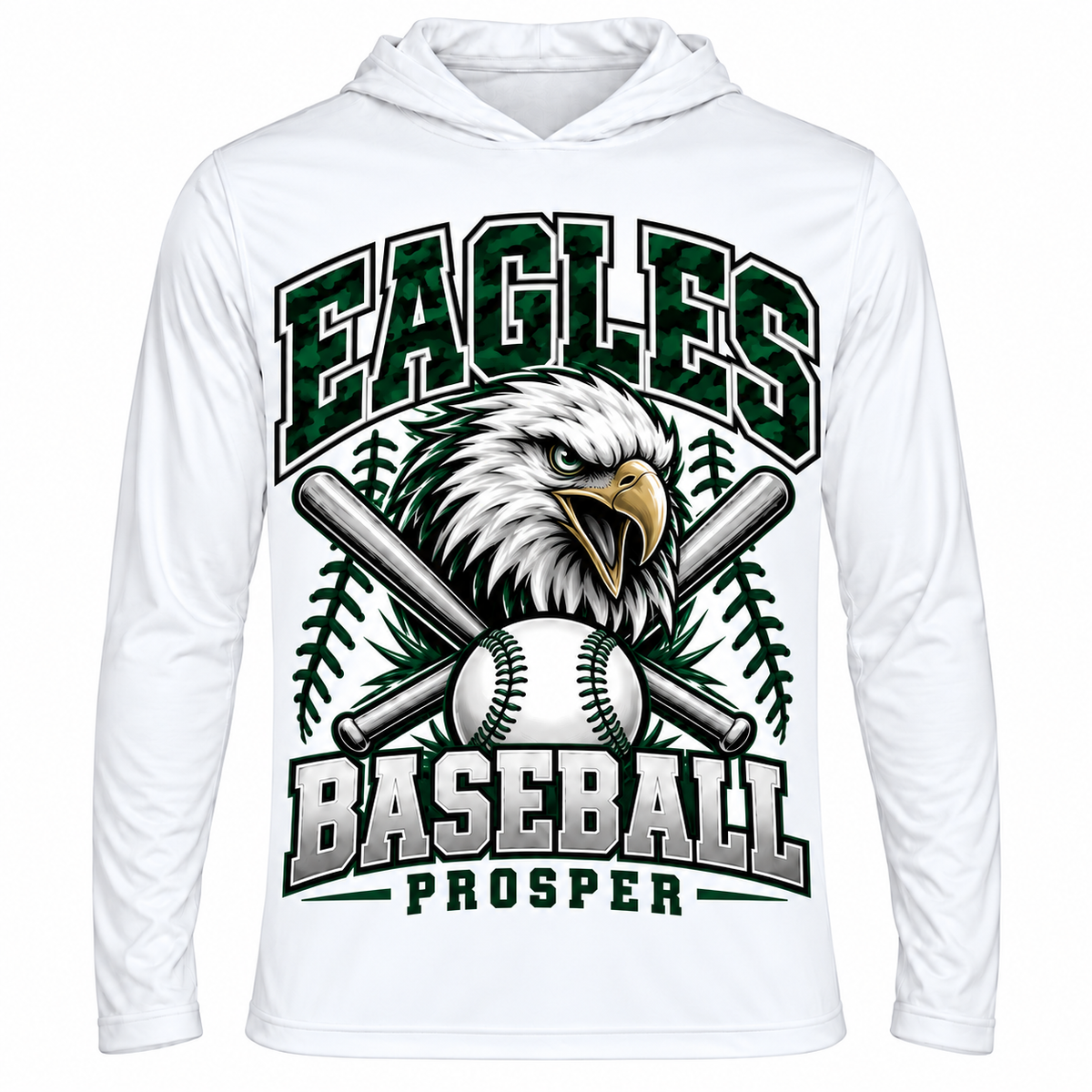 Prosper Eagles baseball Team 365 adult white performance hooded shirt front
