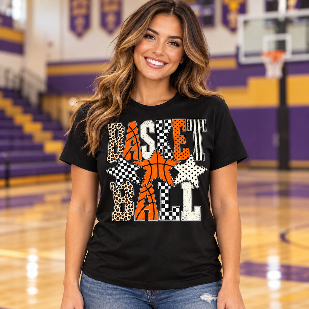 Illustrative AI lifestyle mockup of an adult wearing the Black Basketball Stars tee in a purple and gold basketball gym