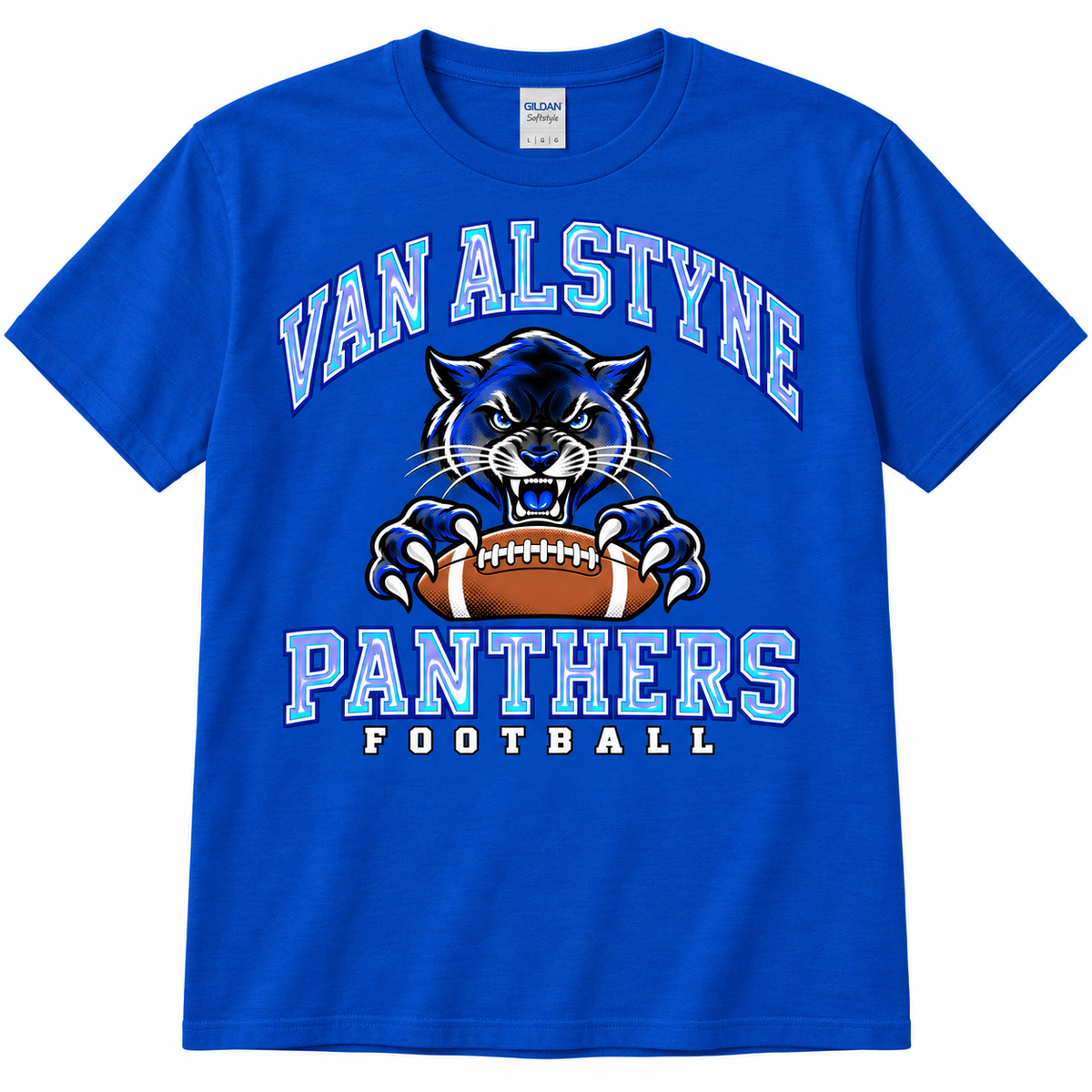 Van Alstyne Panther halftone football tee — Gildan Softstyle 64000 Adult Royal Blue
