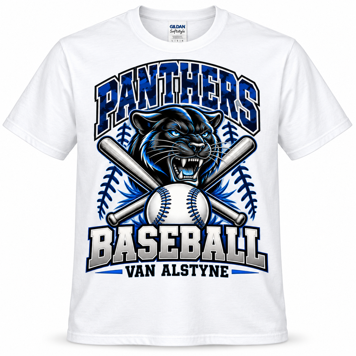 Van Alstyne Panther Mascot Baseball Tee — Adult Gildan Softstyle 64000 White