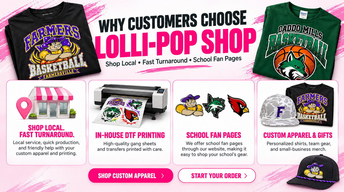 Why customers choose Lolli-Pop Shop: Shop Local, Fast Turnaround, School Fan Pages, In-House DTF Printing, and Custom Apparel and Gifts